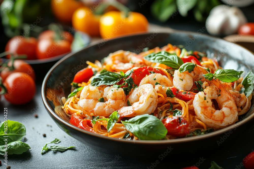 Delicious shrimp pasta with fresh herbs and vegetables Delicious shrimp pasta with fresh herbs and vegetables