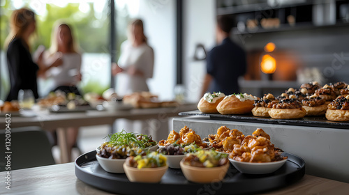 Gastronomic Gathering: A stylish assortment of gourmet appetizers are presented on a table, with blurred people socialising in the background, in an elegant party setting, food.
