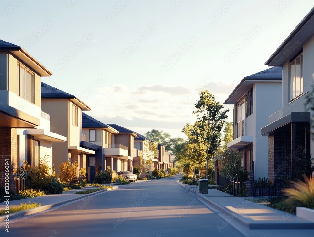 Suburban serenity, Modern architecture lining a peaceful residential street Suburban serenity, Modern architecture lining a peaceful residential street