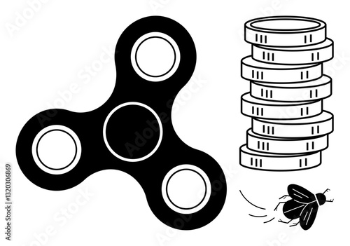 Fidget spinner symbolizing relaxation, stacked coins for wealth, and flying insect for motion. Ideal for business, economy, leisure, dynamics, problem-solving creativity mindfulness. Flat simple