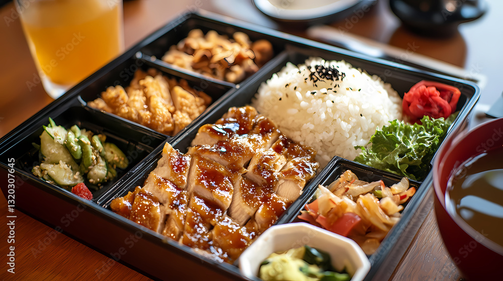 Japanese Bento Box: A beautifully arranged Japanese bento box filled with a variety of delicious and colorful foods. Japanese Bento Box: A beautifully arranged Japanese bento box filled with a variety of delicious and colorful foods.