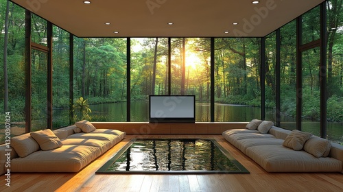 Fototapeta Naklejka Na Ścianę i Meble -  Serene living room with floor-to-ceiling windows showcasing a tranquil forest and water view