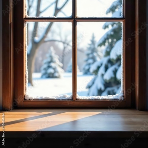 Clean tabletop, winter landscape viewed through a blurry window, winter, bright