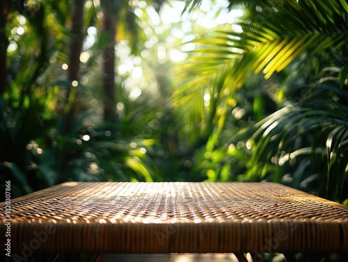 Tranquil tropical table, a woven surface amidst a verdant jungle backdrop