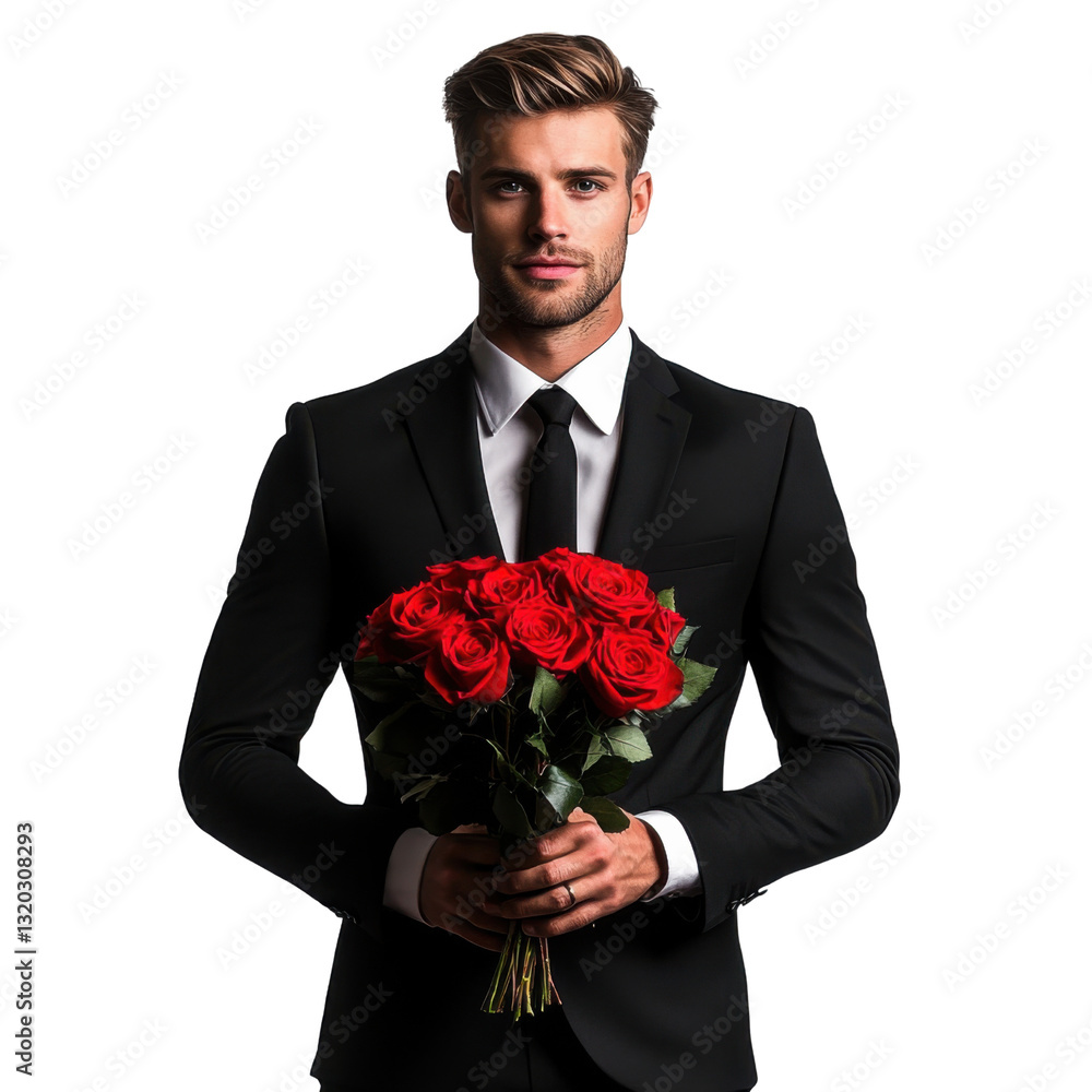 elegant man in black suit holding red roses bouquet on white background elegant man in black suit holding red roses bouquet on white background
