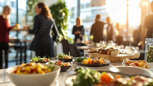 Business Buffet: Delicious food spread out on a table with blurred people in the background, suitable for catering, corporate events, and office gatherings.