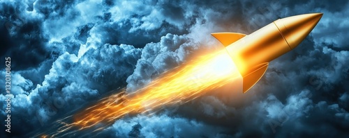 A dynamic rocket shoots through dark clouds, leaving a trail of fiery exhaust, symbolizing speed and innovation.