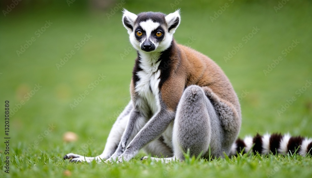 Obraz premium Lemur sitting calmly on the green grass in a peaceful outdoor setting