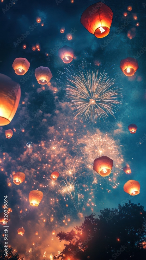 Fototapeta premium Fireworks meld with lantern glow, crafting a scene of vibrant festive joy. Vertical.