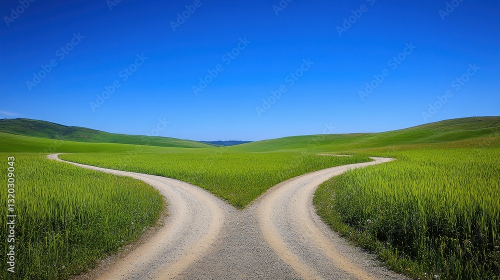 Forking dirt road through green field under a bright blue sky. Ideal for concepts of choices, decisions, and new beginnings. Forking dirt road through green field under a bright blue sky. Ideal for concepts of choices, decisions, and new beginnings.