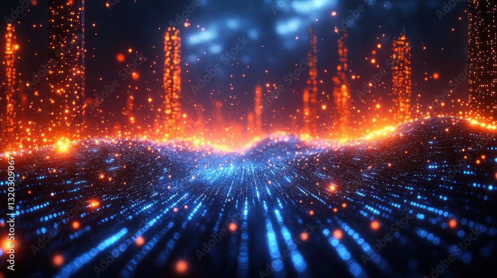 Fototapeta premium Futuristic Cyber Cityscape with Glowing Digital Grid and Moving Particles Concept Art for Data Transfer in Cyberspace and Big Data Visualization