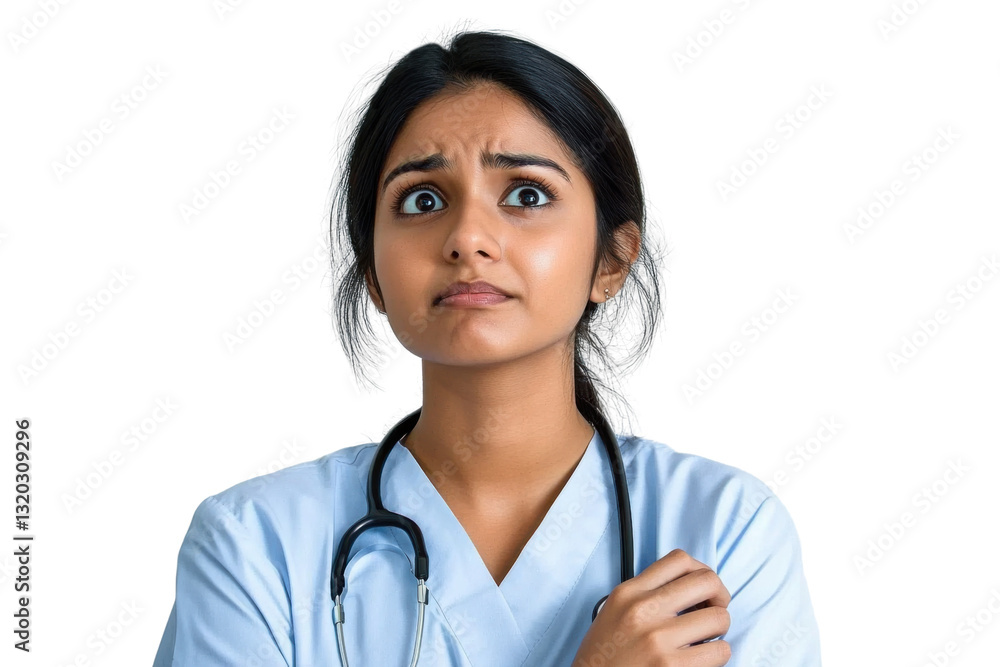 young female doctor with concerned expression on transparent background