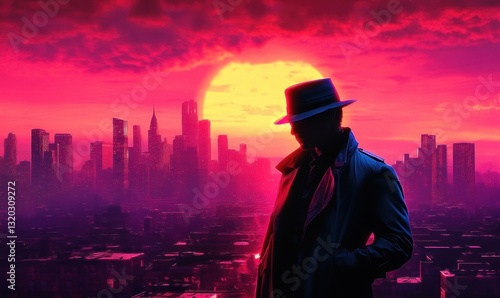 Noir Detective Private Spy Investigation in Cyberpunk Cityscape Retro Style
