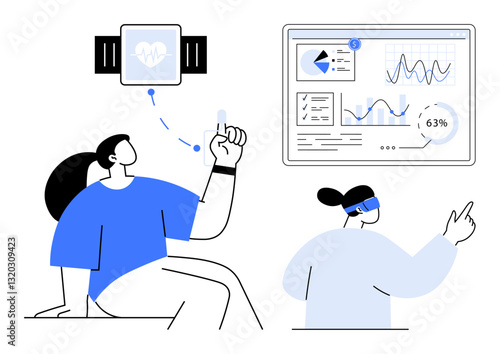 Wearable health tracker syncs with a dashboard displaying real-time analytics. Ideal for health tech, fitness, innovation, data visualization, teamwork, digital devices, remote monitoring. Flat