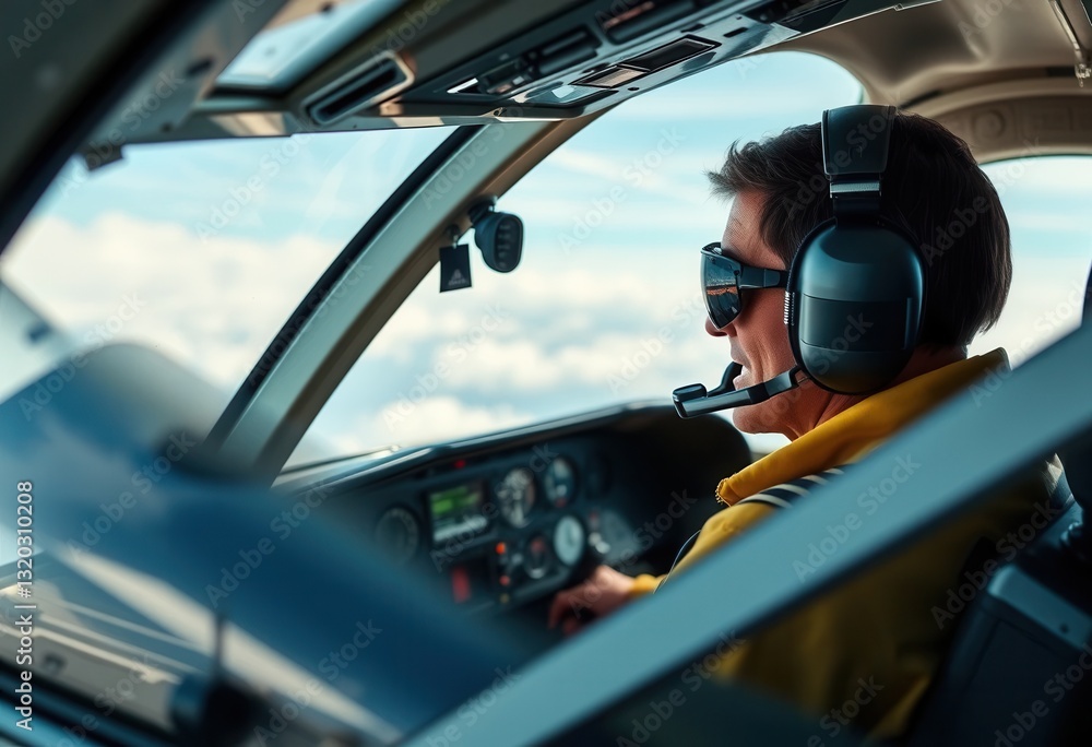 Pilot controls aircraft while flying above clouds in clear sky Pilot controls aircraft while flying above clouds in clear sky
