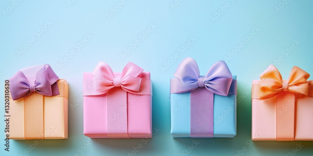 Obraz premium Pastel Gift Boxes with Bows on Light Blue Background for Celebration and Holidays