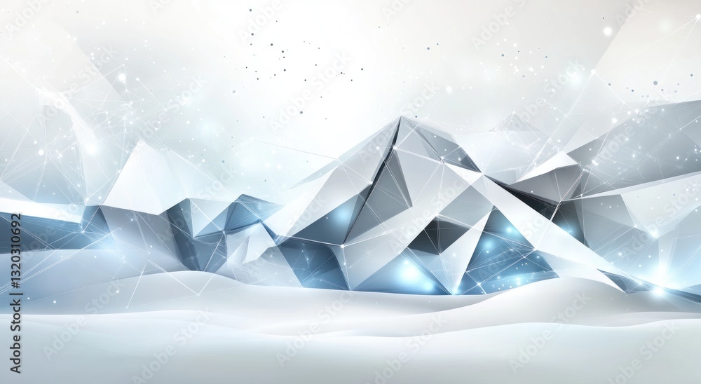 Abstract winter landscape, polygonal mountains, snow, glittering particles Abstract winter landscape, polygonal mountains, snow, glittering particles