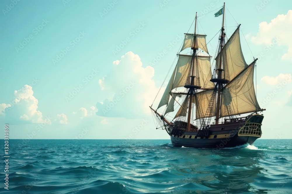 Calm ocean, weathered tall ship with grunge effect , classic, antique Calm ocean, weathered tall ship with grunge effect , classic, antique