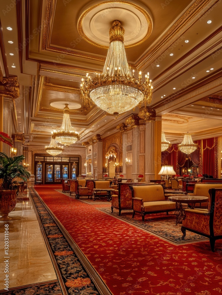 Obraz premium Opulent casino lobby featuring grand chandeliers, luxurious carpets, and elegant seating for a refined atmosphere
