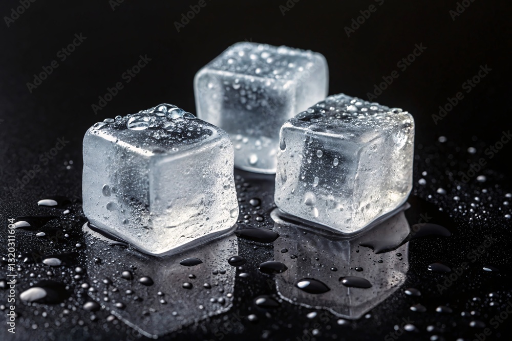 Crystal Clear Ice Cubes on Black Background – Chilled Elegance & Droplets Crystal Clear Ice Cubes on Black Background – Chilled Elegance & Droplets