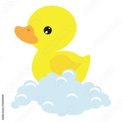Cute little rubber duckling and  bubble bath vector cartoon illustration