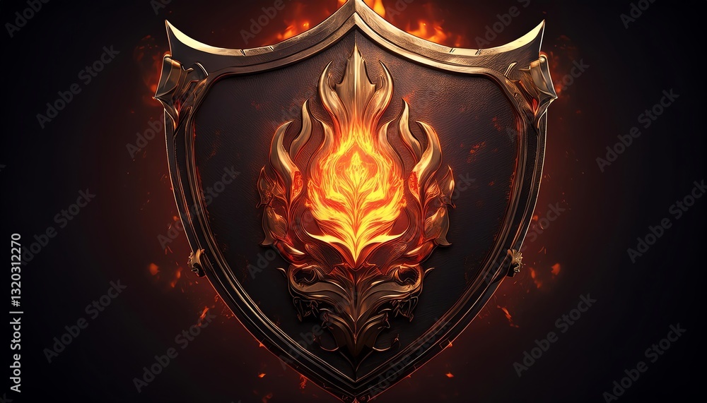 Fototapeta premium A fiery emblem featuring a shield with a flame design, symbolizing strength and protection against adversities.