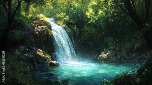 Serene waterfall cascading into a tranquil forest pool.