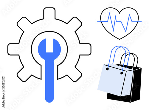 Gear with wrench symbolizing tools and repair, heartbeat line within heart shape for health, two shopping bags indicating commerce. Ideal for technology, healthcare, shopping, automation