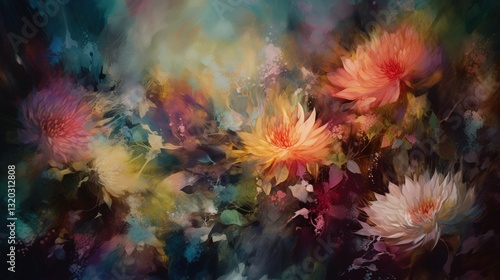 Abstract floral artwork featuring dahlias in vibrant hues with a dark painterly style