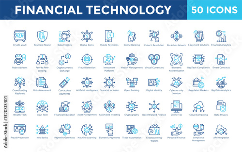 Financial Technology icon set with crypto vault, payment shield, data insights, digital coins, mobile payments, online banking, fintech revolution icon. Simple outline color vector 

