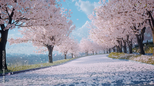 Stunning Cherry Blossom Tree Lined Road: Spring Scenery Wallpaper