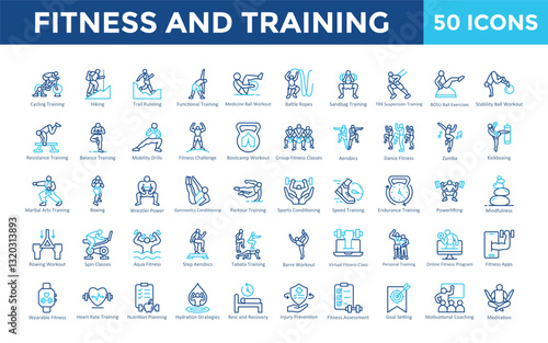 Fitness and Training icon set with cycling training, hiking, trail running, functional training, medicine ball workout, battle ropes icon. Simple outline color vector 
