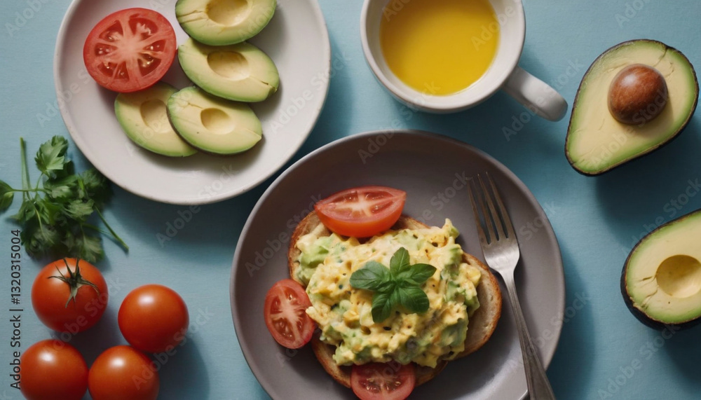 scrambled eggs with tomatoes and avocado on a plate scrambled eggs with tomatoes and avocado on a plate