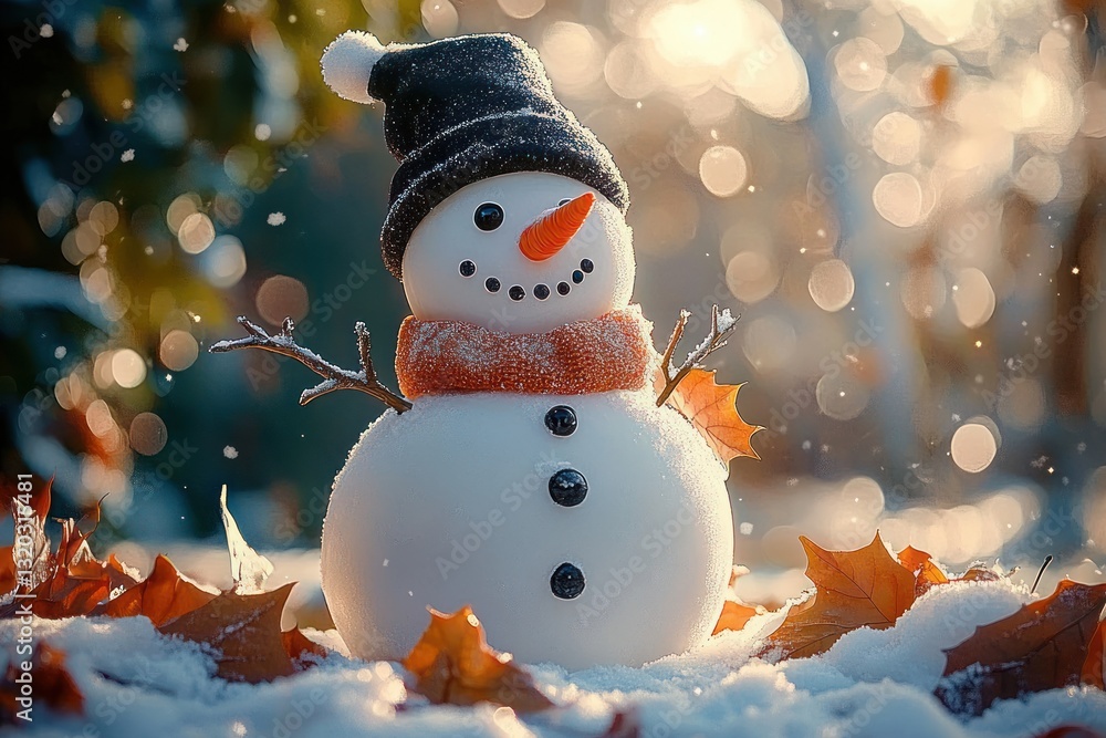 Charming snowman in winter garden with carrot nose and top hat surrounded by snow-covered leaves and soft sunlight Charming snowman in winter garden with carrot nose and top hat surrounded by snow-covered leaves and soft sunlight