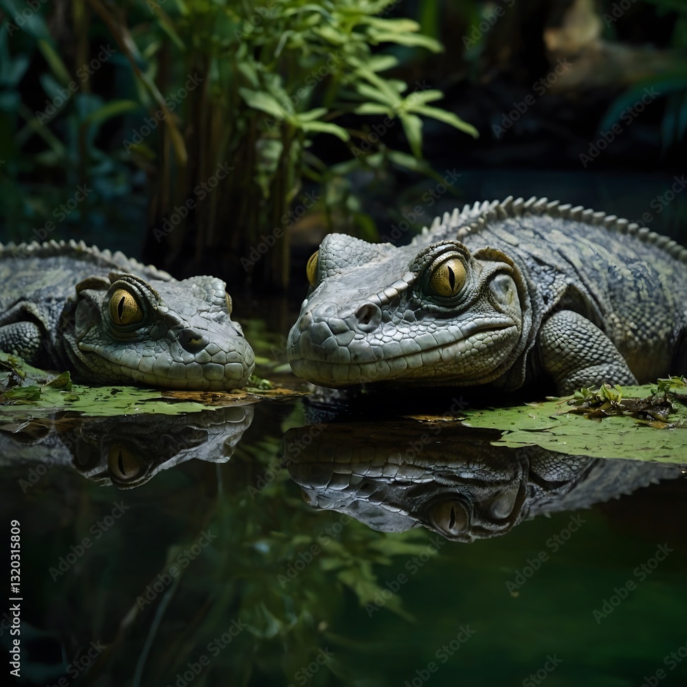 Fototapeta premium Group of Diapsid Reptiles in Prehistoric Swamp