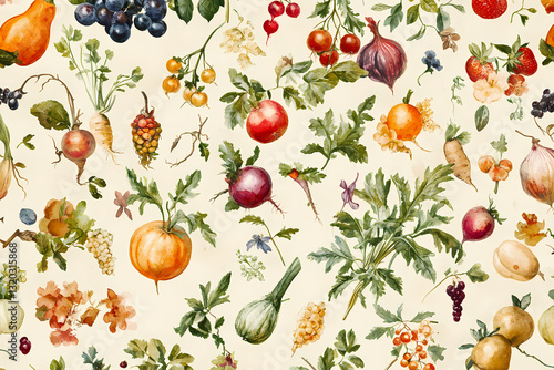 Abundance of Harvest: An artistic composition of various fruits and vegetables in a seamless pattern, evoking the warmth of a bountiful harvest.