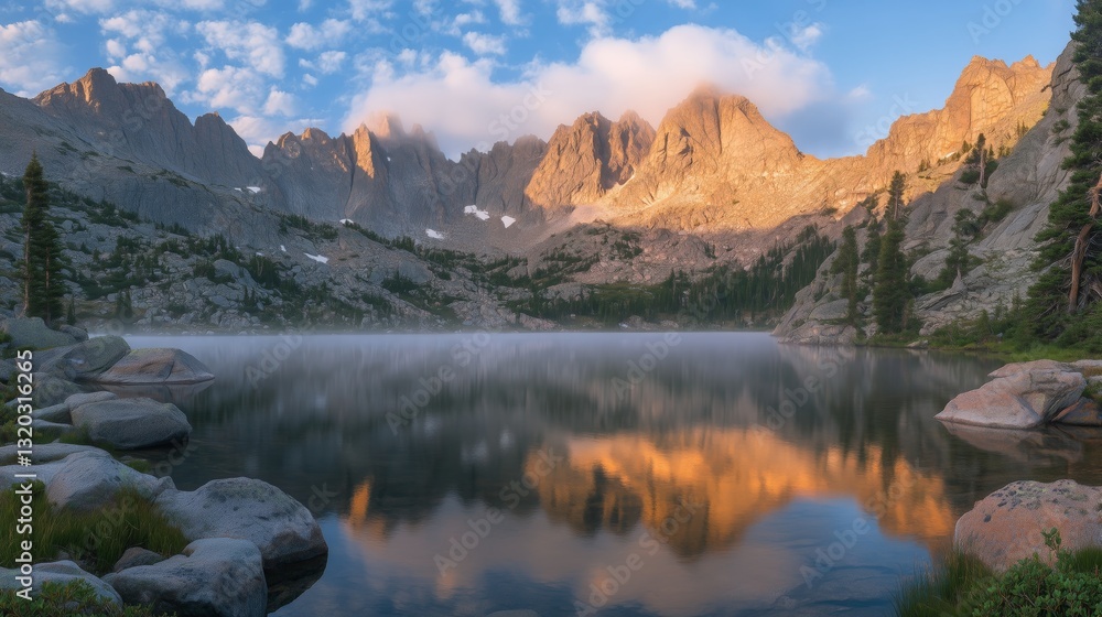 Fototapeta premium Sunrise mountain lake reflection mist. AI generated