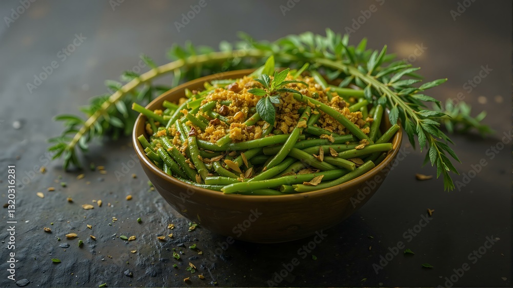 A bowl of green beans garnished with fresh herbs. A bowl of green beans garnished with fresh herbs.