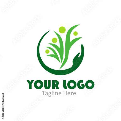 Modern Logo. That shows a hand holding a green plant with four green people shapes.