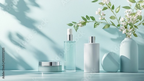 Wallpaper Mural Skincare products, flowers, blue background. Torontodigital.ca