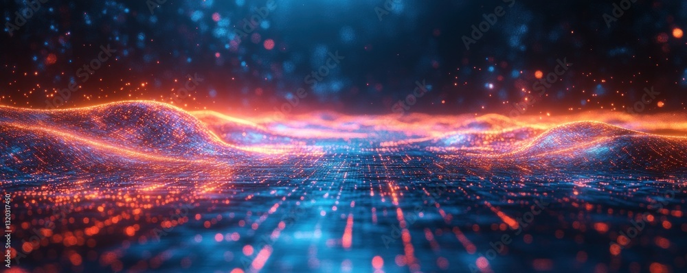 Digital Abstract Landscape with Glowing Grid Lines and Futuristic Waves Digital Abstract Landscape with Glowing Grid Lines and Futuristic Waves