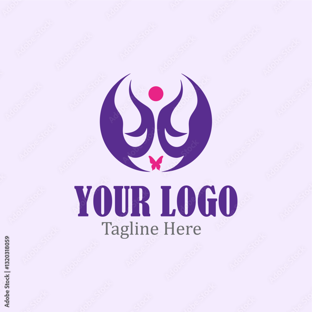 Obraz premium Modern Logo. With a purple stylized butterfly and a pink dot. 