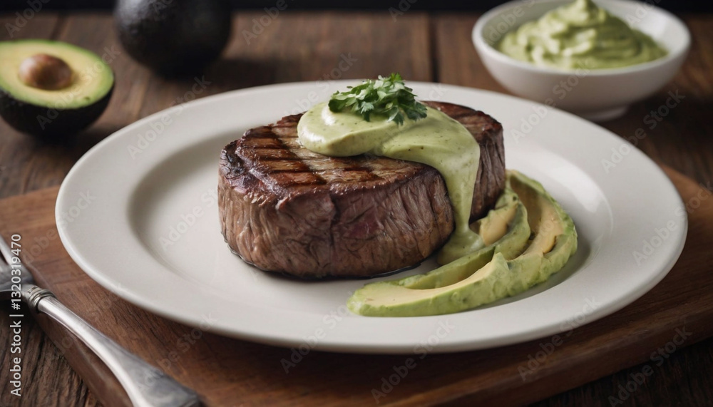 grilled sirloin steak with avocado sauce on a plate grilled sirloin steak with avocado sauce on a plate