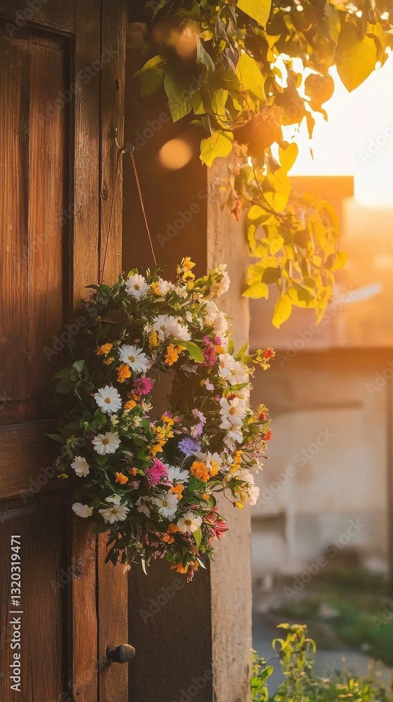 Fototapeta premium Beautiful Colorful Floral Wreath Hanging on Rustic Wooden Door Outdoors at Sunset