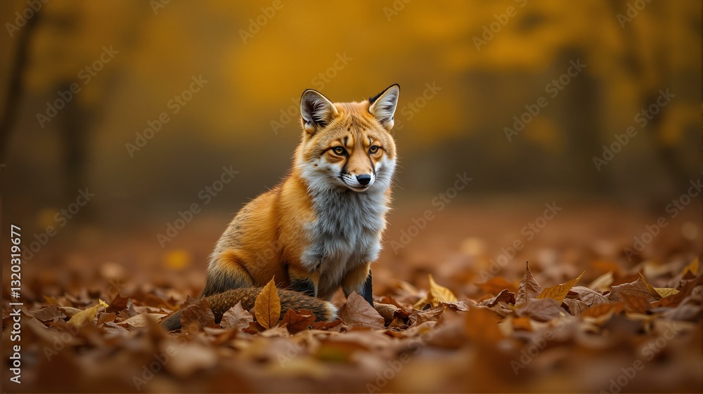Fototapeta premium A close up of a red fox sitting on fall leaves.