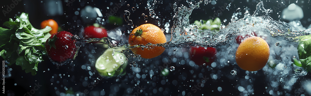 Fototapeta premium Vibrant Fruits and Vegetables in Water: A dynamic shot captures an array of fresh, colorful produce plunging into water, creating a splash of freshness and vitality.