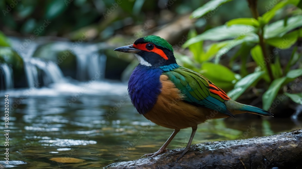 Obraz premium Vibrant Pitta Resting on the Banks of a Babbling Stream in a Lush Jungle