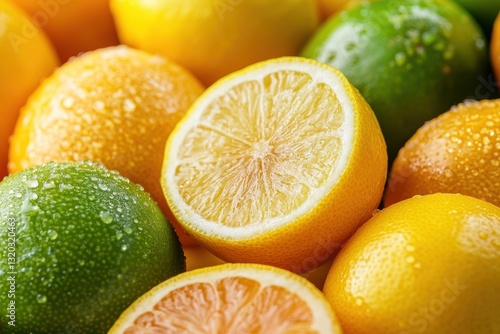 Juicy lemons, limes, and oranges with water droplets. Perfect for healthy food, summer, or citrus themes.
