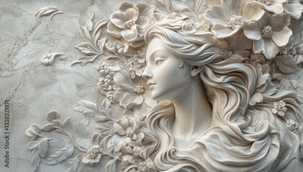 intricate marble sculpture depicting a serene woman adorned with floral motifs and flowing hair intricate marble sculpture depicting a serene woman adorned with floral motifs and flowing hair
