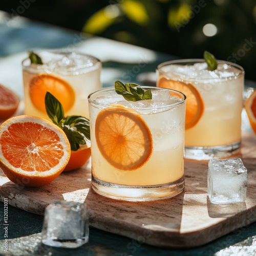 Bright summer still life with citrus fruits and drinks